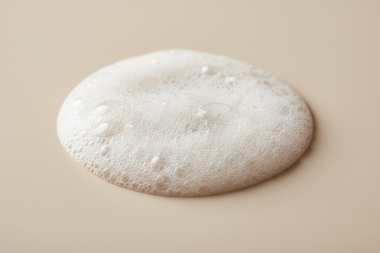 very light foam that is not as fluffly and more liquid foam cleanser, light beige background 